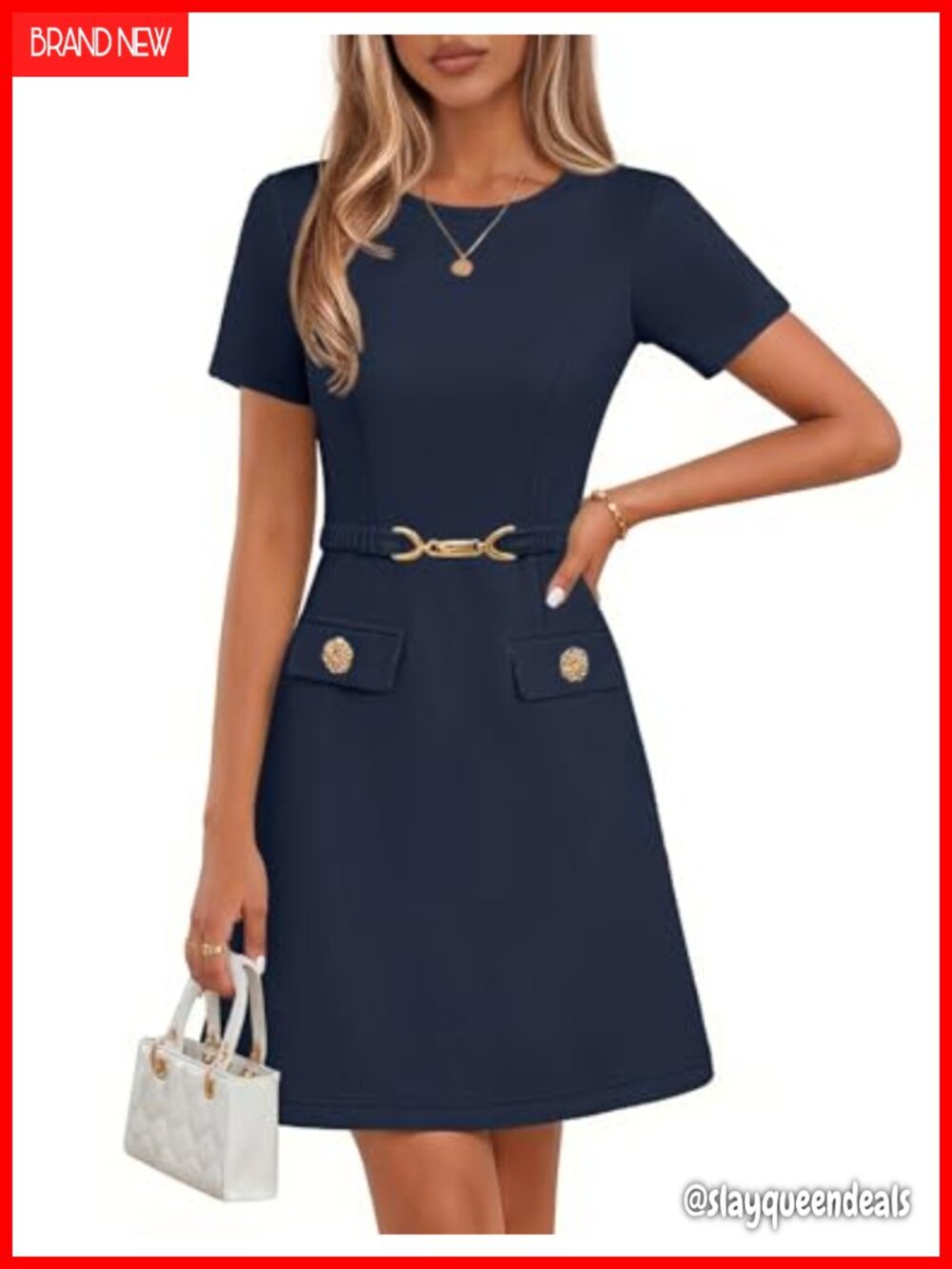A-Line Mini Dress Crew Neck Short Sleeve Belted Business Casual Work